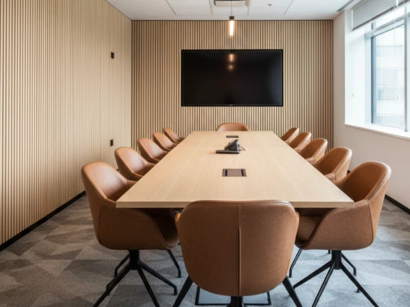 Salle de réunion avec mur en tasseaux bois et feutre